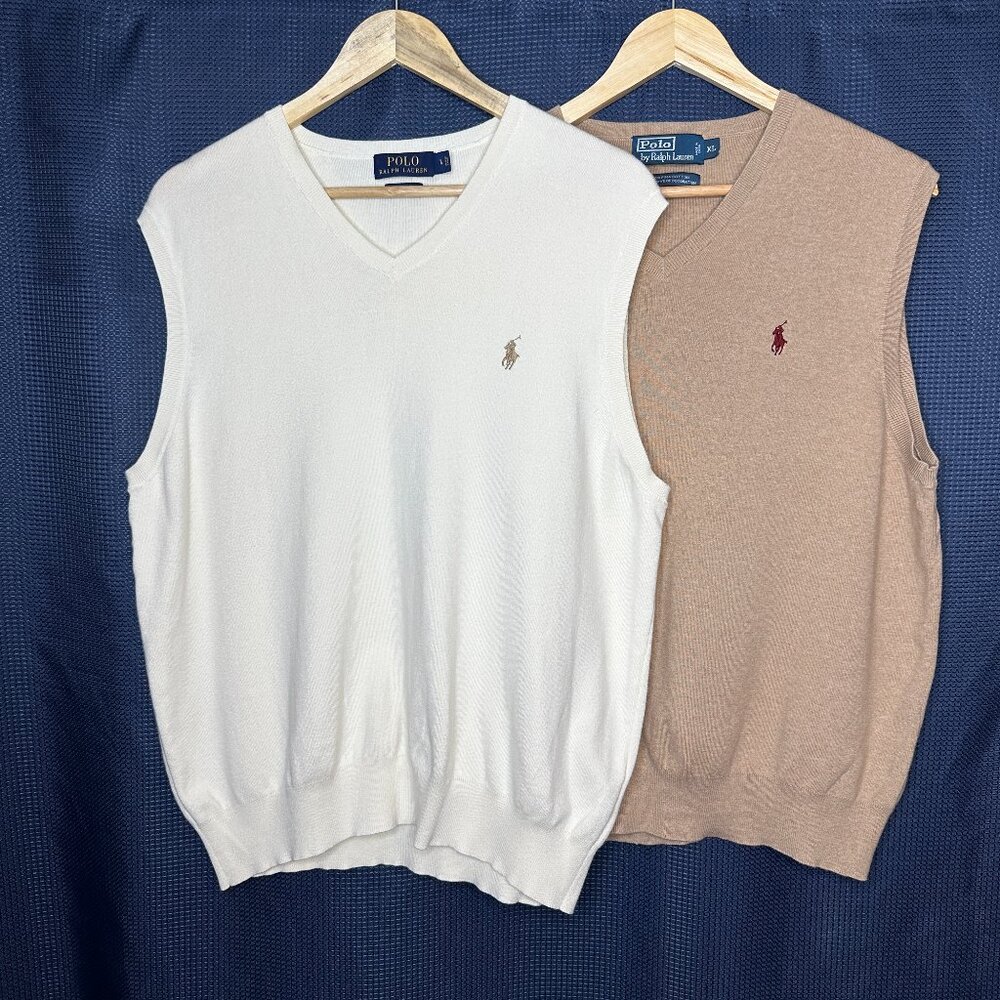 Lot of 2 Polo Ralph Lauren V-neck Vests, X-Large Preppy Timeless Pony Logos Golf